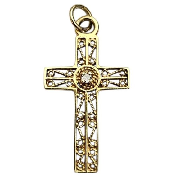 14K Yellow Gold Diamond Chip Filigree Cross Pendant - Picture 2 of 11